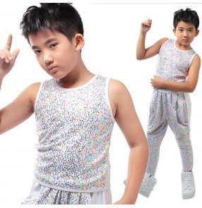 Silver gold multi colored sequins boys kids children stage performance sleeveless hip hop jazz dance tops vests outfits costumes( only vest)